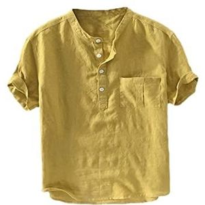Heren Casual Katoen Linnen Korte Mouw Overhemd Zomer Lichtgewicht Bandkraag Strandtops heren t-shirt(Yellow,M)