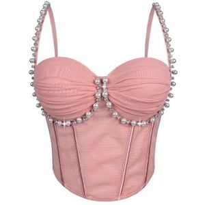 LoprNsdgt Dames Topje Met Parelsteentjes, Zonder Mouwen, Geplooid Gaas, Sexy Partycorse,Roze,L