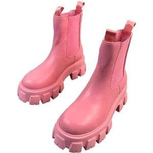 Korte dameslaarzen met ronde kop, dikke bodem, herfst- en winterleren slip met hoge hak en enkele laarzen met metalen gesp (Color : Pink, Size : 38)