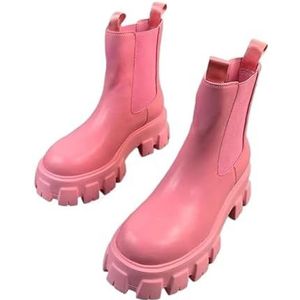 Korte dameslaarzen met ronde kop, dikke bodem, herfst- en winterleren slip met hoge hak en enkele laarzen met metalen gesp (Color : Pink, Size : 39)
