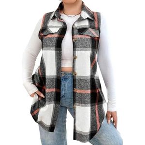 CupitiDU Dames herfst geruite lichtgewicht flanellen vest met zakken, lange mode casual jas, button down mouwloos shacket shirt mouwloze vesten, herfst winter trendy dames geruite jas bovenkleding,