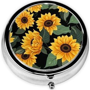 Pillendoosje met spiegel, retro pillendoosje met 3 vakken, zonnebloempatroon, kleine pillenorganizer voor portemonnee of zak, decoratieve metalen medicijnen, vitamine-organizer, unieke geschenken