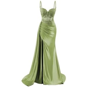 KURFACE Satijnen baljurk met spaghettibandjes voor dames, met kant, appliqué, split, zeemeermin, formele feestjurk, Emerald Groen, 32