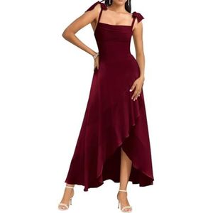 Spaghetti Bandjes Bruidsmeisjes Jurken voor Bruiloft Fluwelen Ruches Formele Avond Party Maxi Jurk High Low AH143, Bordeaux, 32