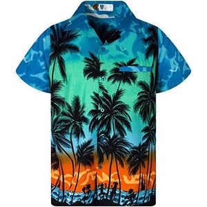V.H.O. Funky Hawaïhemd heren korte mouwen voorzak Hawaii-print strand palmen diverse kleuren, Beach Ekletafel Turquoise, L