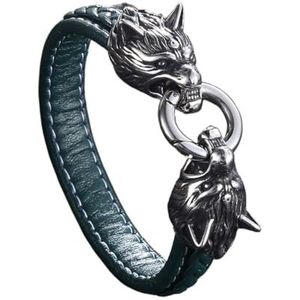 Viking Wolf Lederen Armband Voor Mannen - RVS Dubbele Wolf Heads Lederen Gevlochten Polsband - Nordic Vintage Lederen Koord Wrap Manchet Bangle Animal Amulet Sieraden (Color : Green_215MM)