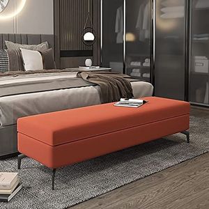 XLDZ Lederen bedbank met lift-top opslag, multifunctionele voetsteun & decoratief bont accent (bruin-rood, 60 x 45 x 45 cm (24 x 18 x 18 inch))