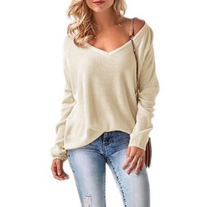 Mikos * Pullover voor dames, vrouwen, off-shoulder, lange mouwen, voor lente, zomer, herfst en winter, gebreide trui, baggy, V-hals, losse trui, oversized (694) SML, beige, Eén maat