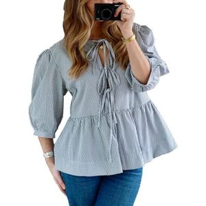 Vrouwen Tie Front Tops Puff Sleeve Babydoll Shirts Y2K Leuke Ruffle Peplum Uitgaan Top Blouse Trendy Kleding (Color : Blue stripes B, Size : X-Large)