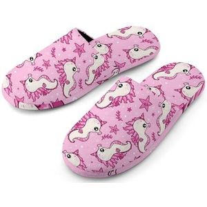 Roze Zeepaardjes Eenhoorn Volledige Print Womens Slippers Warme Anti-Slip Rubber Zool Huis Schoenen Voor Indoor Hotel