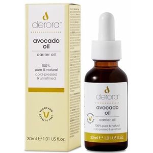 Derora Avocado-olie, verzorgt huid, haar en nagels, anti-veroudering, 100% zuiver, koudgeperst en ongeraffineerd, rijk aan antioxidanten en vitamine A, B, D en E, voor alle huidtypes (30 ml (1 stuk)