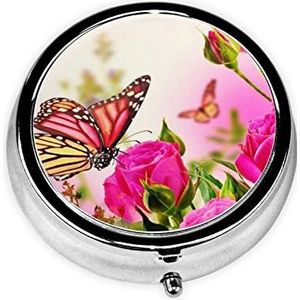 Sparkle Rode Rozen en Vlinders Print Pillendoos 3 Compartiment Kleine Pillenetui met Spiegel Pil Organizer voor Outdoor Reizen Pocket Purse