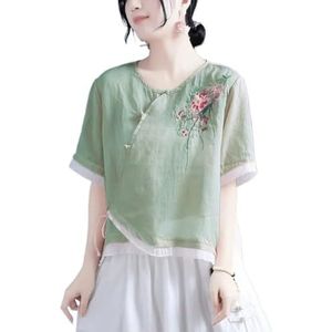 Retro Etnische Stijl Katoen Linnen Top Vrouwen Plus Size Losse Flowy Shirts Chinese Borduren Traditionele Hanfu Blouse (Color : Green, Size : 4XL)