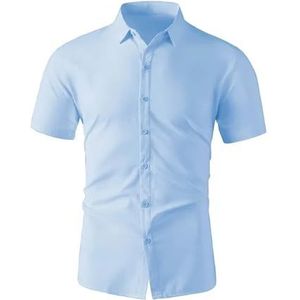 UBOHUZ Heren shirt met korte mouwen voor heren, zakelijk, casual, effen kleur, shirt met korte mouwen voor de zomer, strijkvrij, comfortabele en veelzijdige top voor vrije tijd, Lichtblauw, 4XL