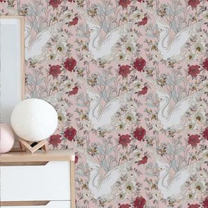 Behang Zwaan Roze Bloem Schil en Stok Zelfklevend Behang voor Woonkamer Badkamer Slaapkamer Art Deco Muur Papier Keuken Wallpapers Verwijderbaar 40X120cm/1 rol