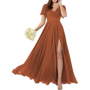 Dames chiffon bruidsmeisjes jurken met split lange galajurken ruches cocktailjurk plus size, Verbrand Oranje, 32