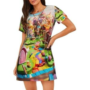 Yyoretp Candy Land Print katoenen nachthemd voor dames, korte mouwen, nachtkleding, casual nachthemd, comfortabele pyjama, Zwart, M