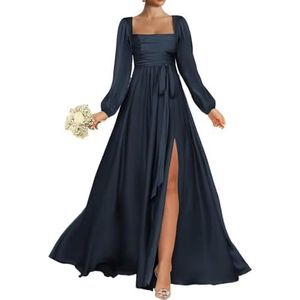 HPPEE Bruidsmeisjesjurken met lange mouwen, vierkante hals, satijn, galajurk met split, formele feestjurk, Donkerblauw, 32
