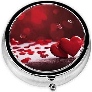 Happy Valentine's Day rode harten print pillendoos ronde metalen pillendoos met 3 compartimenten draagbare mini pillenorganisator schattige pillencontainer voor zakportemonnee kantoor reizen