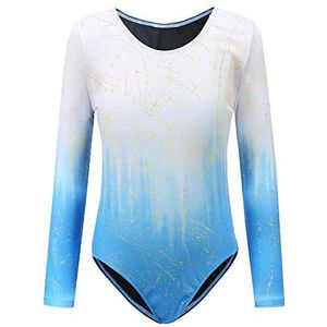 Sinoem Turnpakje, gympakje, voor meisjes, met lange mouwen of zonder mouwen, tricot, maillot, dansen, turnen, maat 140, 7 - 8 jaar, blauw met glitters en lange mouwen