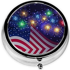 Vuurwerk Amerikaanse vlag 4 juli ronde pillendoos decoratieve doos container pillendoos, pillendoos met twee compartimenten, handige pillendoos voor op reis