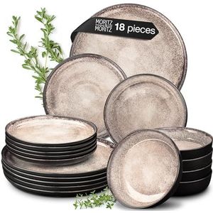 Moritz & Moritz VIDA 18-delige serviesset 6 personen, keramiek tafelservies zwart-beige, vaatwasser-, magnetron- en krasbestendig, borden set met 6 platte borden, 6 soepborden en 6 ontbijtborden