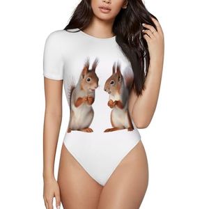 ELSMZXZD Bodysuit met korte mouwen voor dames - schattig eekhoornpakje met ronde hals, rekbaar T-shirt, top, casual slim fit turnpakje, 3 D, S