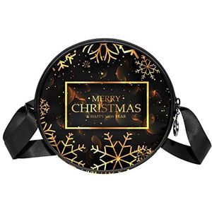 Messenger Bag Gouden Kerst Sneeuwvlokken Zwarte Achtergrond Crossbody Tas voor Vrouwen Rond, Meerkleurig, 6.7x6.7x2.3 in, Sling Rugzakken