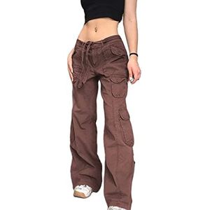 Yokbeer Vrouwen Lage Taille Cargo Jeans Rechte Wijde Pijpen Baggy Denim Broek Y2k Indie Esthetische Vintage Jeans Broek 90's Streetwear (Color : Brown, Size : L)