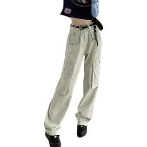 HHuiXinXue Cargojeans voor dames, hoge taille, rechte baggy-jeans, Y2K, denim wijde pijpen, broek, Beige, M