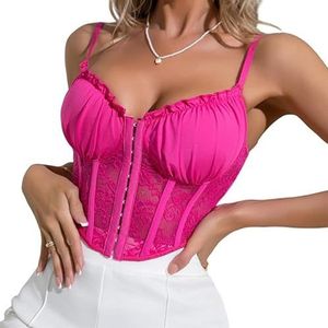 Rongseng Kanten tanktop voor dames, zomer, sexy, slim fit, korset met spaghettibandjes, mouwloos, open voorkant, zonder botten, crop top, bustier, elegant, onderhemd, mode, clubwear, Rood Roze, S
