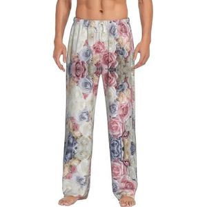 Dexnel Roze Bloem Bloemen Zachte Pyjama Broek Voor Mannen,Klassieke Slaapbroek Comfortabel, Polyester Pyjama Broek Met Zakken, Wit, S