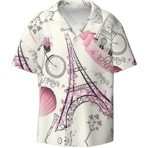 OdDdot Parijs Eiffeltoren bloemenprint herenoverhemden atletisch slim fit korte mouw casual zakelijk overhemd met knopen, Zwart, 4XL