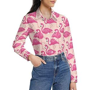 Roze flamingo's damesshirt met lange mouwen button down blouse casual werk shirts tops 3XL