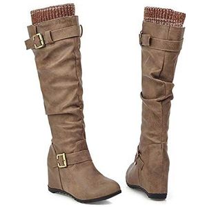 Venus Valink Westernlaarzen voor dames, cowboy, knielaarzen, winter, warm, outdoor, punklaarzen, dijbeenhoge laarzen, PU-leer, hoge hak, lange laarzen, dames, winterlaarzen, schoenen, schoenen, maat, bruin, 38 EU