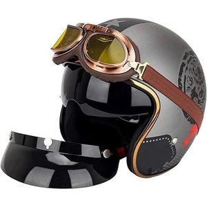 Retro MotorfietsJethelmen met Binnenzonneklep Retro Motorhelm Chopper Scooter 3/4 Jethelmen Casco Moto DOT/ECE F,XXL63-64CM