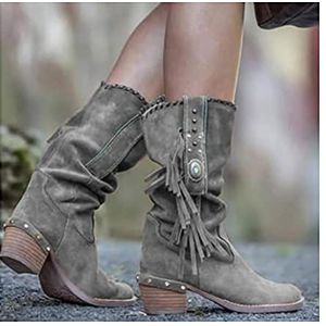 JUNSHANG Womens Western Cowboylaarzen, Korte enkellaarzen Fringe, Casual Mode Ademend Ronde Teen Retro Non-Slip Chunky Heel,Grey-38