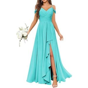 Chiffon bruidsmeisjesjurken voor dames, met split, lange baljurken, cocktailjurken, grote maten, Turkoois, 40