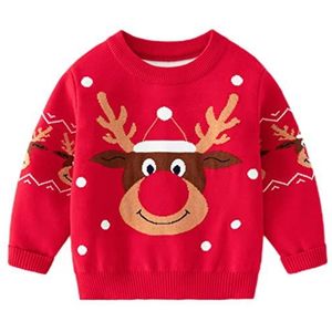 Kersttrui voor kinderen, wintertrui, gebreide trui, katoen met hert, voor kleine meisjes, 1-2 jaar, rood
