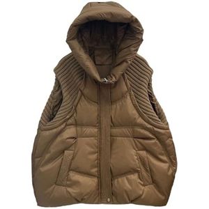 Dames Gewatteerd Vest Met Capuchon, Mouwloos Patchwork Gebreid Jasje, Dik Gevoerd Wintervest Van Katoen(Dark Khaki,XL)