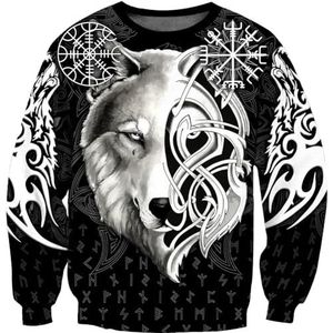 Nordic Celtic Wolf hoodie Voor Heren, 3D-tatoeageprint Viking Vegvisir Herfstsweatshirt met Lange Mouwen, Lenteklassieker Harajuku Pagan Plus maat Zip-top (Color : Round Neck Hoodie, Size : M)