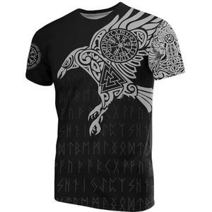 Noorse Mythologie Raven Tattoo T-shirt - Unisex Viking 3D Bedrukte Odin Fenrir Classic Harajuku Losse Korte Mouw - Zomer Vegvisir Tattoo Pagan Sports Top (Color : Crow black, Size : L)
