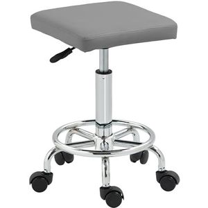 HOMCOM Square Rolling Stool, Height Adjustable PU Leather Salon Chair with Padded Seat and Foot Rest, Swivel Beauty Stool on Wheels for Spa Drafting Salon Tattoo Work Massage, Grey
