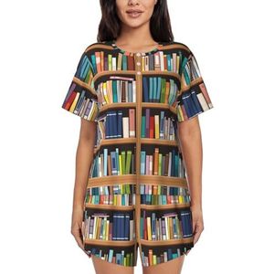 JIAWUJYNB Bibliotheek boekenplank print dames pyjama met korte mouwen - comfortabele korte sets, mouwen nachtkleding met zakken, Zwart, M