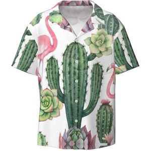 EdWal Roze Flamingo Vetplanten Print Heren Korte Mouw Button Down Shirts Casual Losse Fit Zomer Strand Shirts Heren Jurk Shirts, Zwart, M