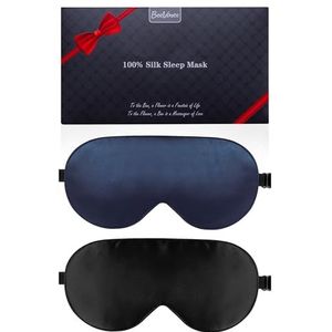 Zijden slaapmasker, 2-pack 100% echt natuurlijk, puur zijden oogmasker met verstelbare riem, oogslaapmasker, BeeVines Eye Sleep Shade Cover voor zomerreizen Vermindert gezwollen ogen (zwart en blauw)