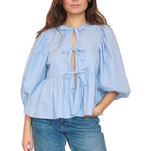 Bienwwow Vrouwen Y2k Lace Up Blouse Pofmouw Peplum Shirts Tie Voorkant Ruche Zoom Losse Blouse Dressy Casual Babydoll Tops, A58 Blauw, M