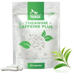 L-Theanine 250 mg + Cafeïne 100 mg – 60 Capsules – Hoge Dosis – Energie & Focus Supplement – Vegan – Ondersteunt Productiviteit, Concentratie & Mentale Prestaties – Raw Powders