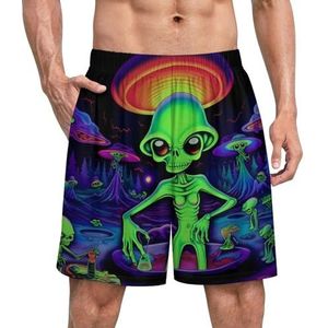 UFO en aliens grappige pyjama shorts voor mannen pyjamabroek heren nachtkleding met zakken zacht