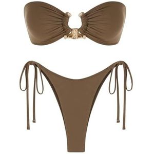 Bikini dames bikini set badpak met O-ring solide dames zijdelingse stropdas metalen ring glanzende bikini-ring badmode gevoerde beha lage taille top, Deep Coffee, M